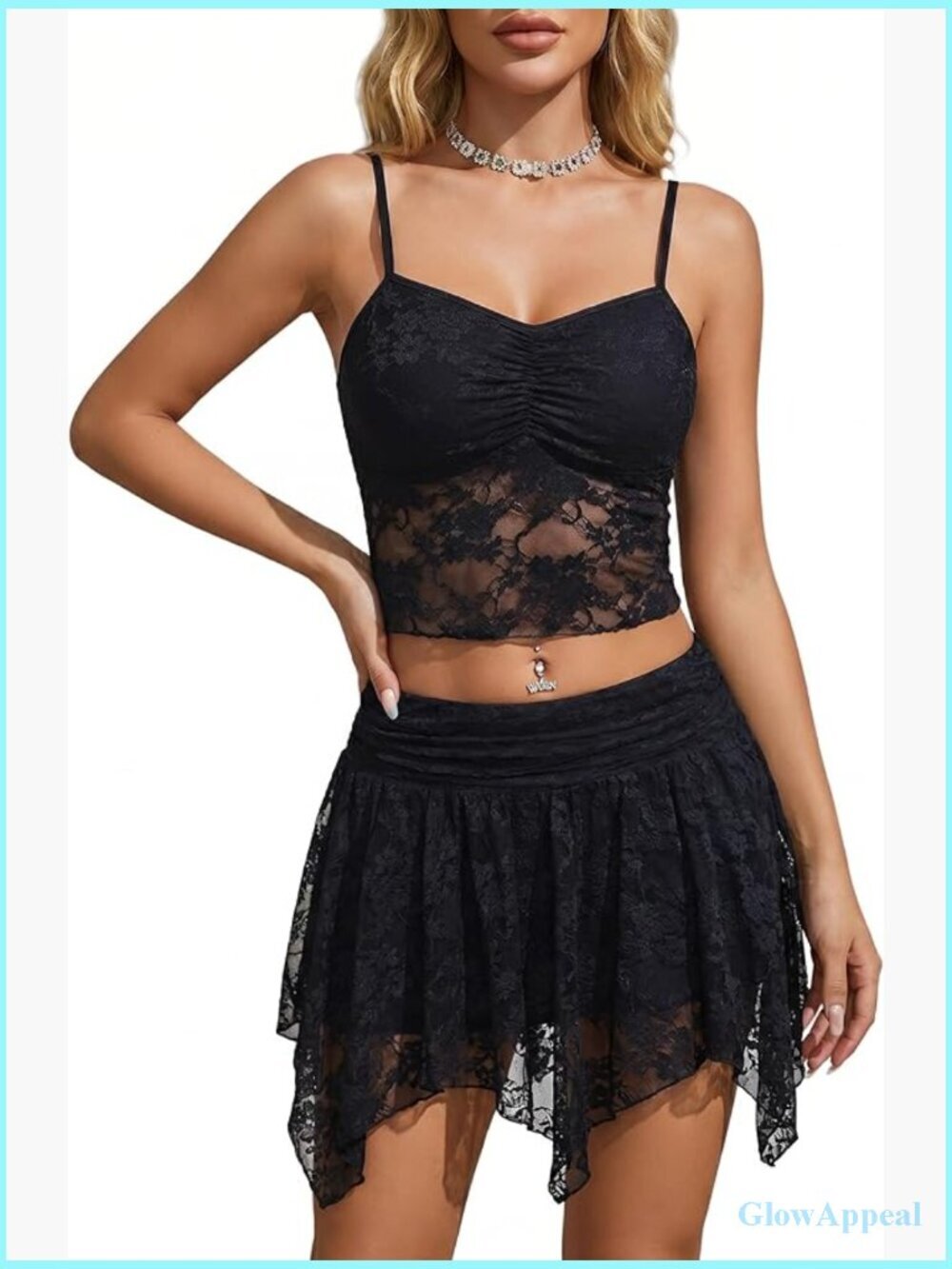 Sexy 2 Piece Lace Crop Top & Mini Skirt Set - Club Rave Outfit